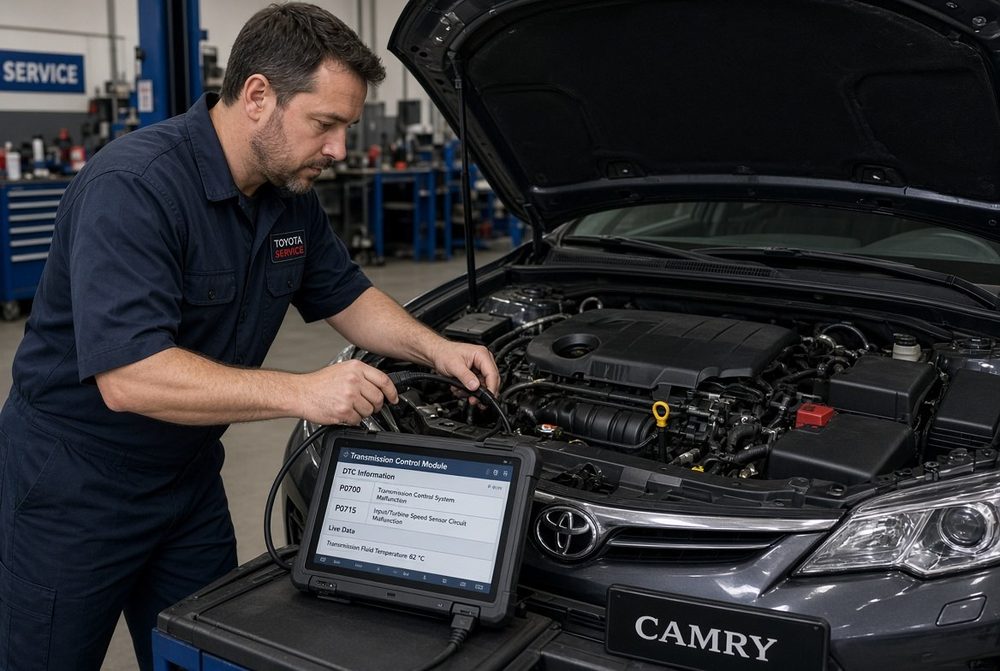 Мастер проводит компьютерную диагностику АКПП Toyota Camry сканером